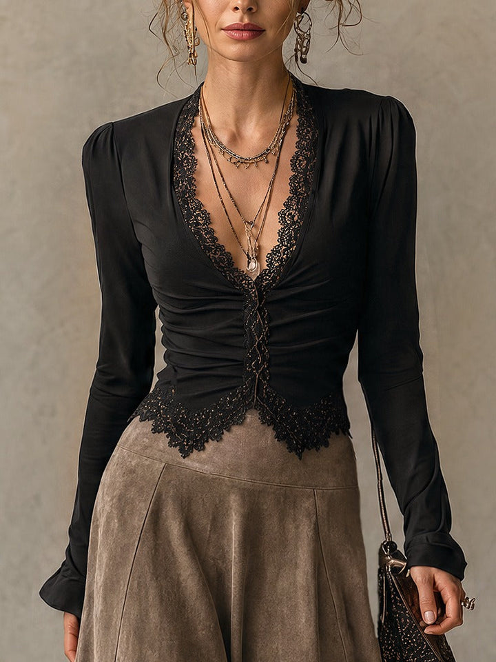 Albane | Lace Top and Suede Maxi Skirt Set, Black and Taupe