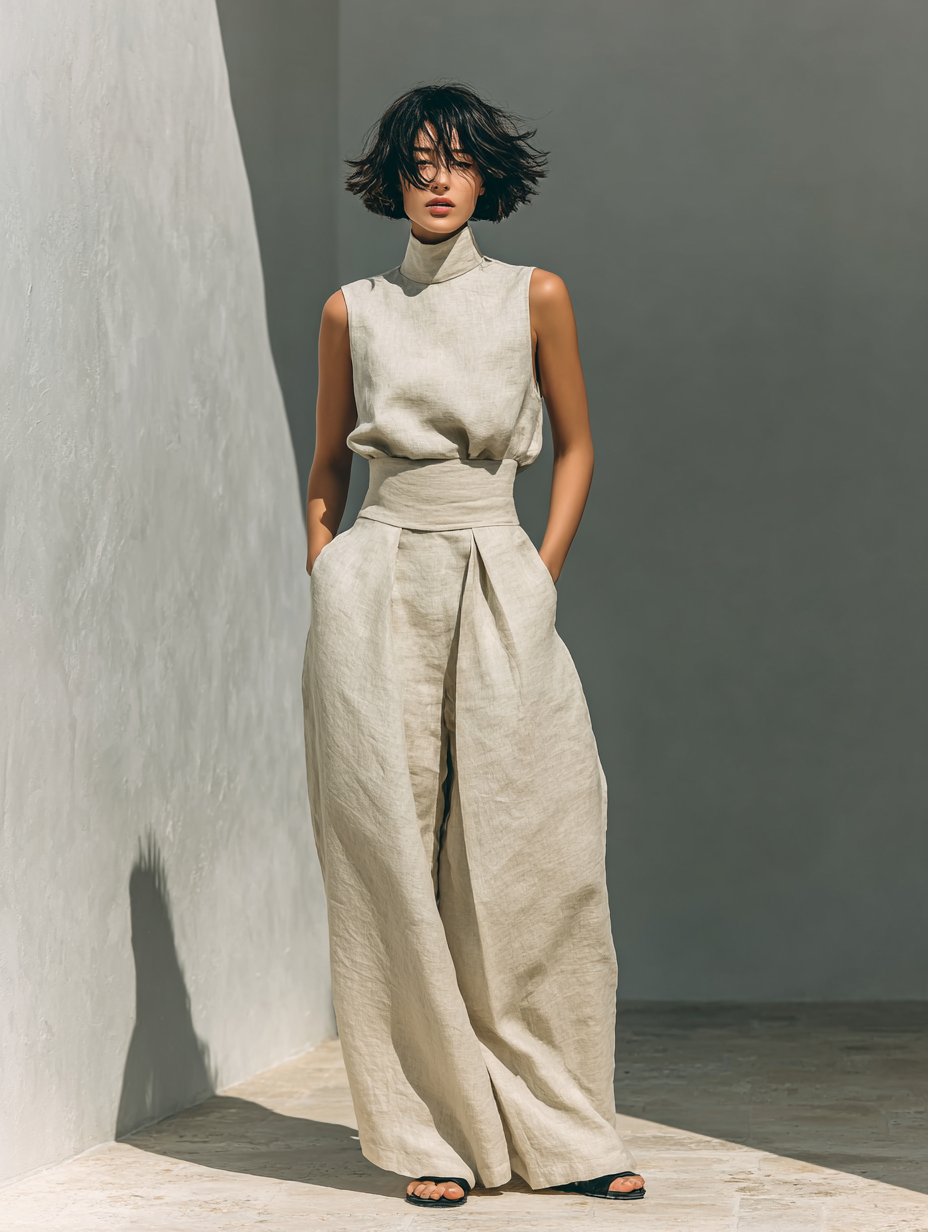 Women's Minimalist Cotton-Linen Sleeveless Blouse and Wide-Leg Trouser Set