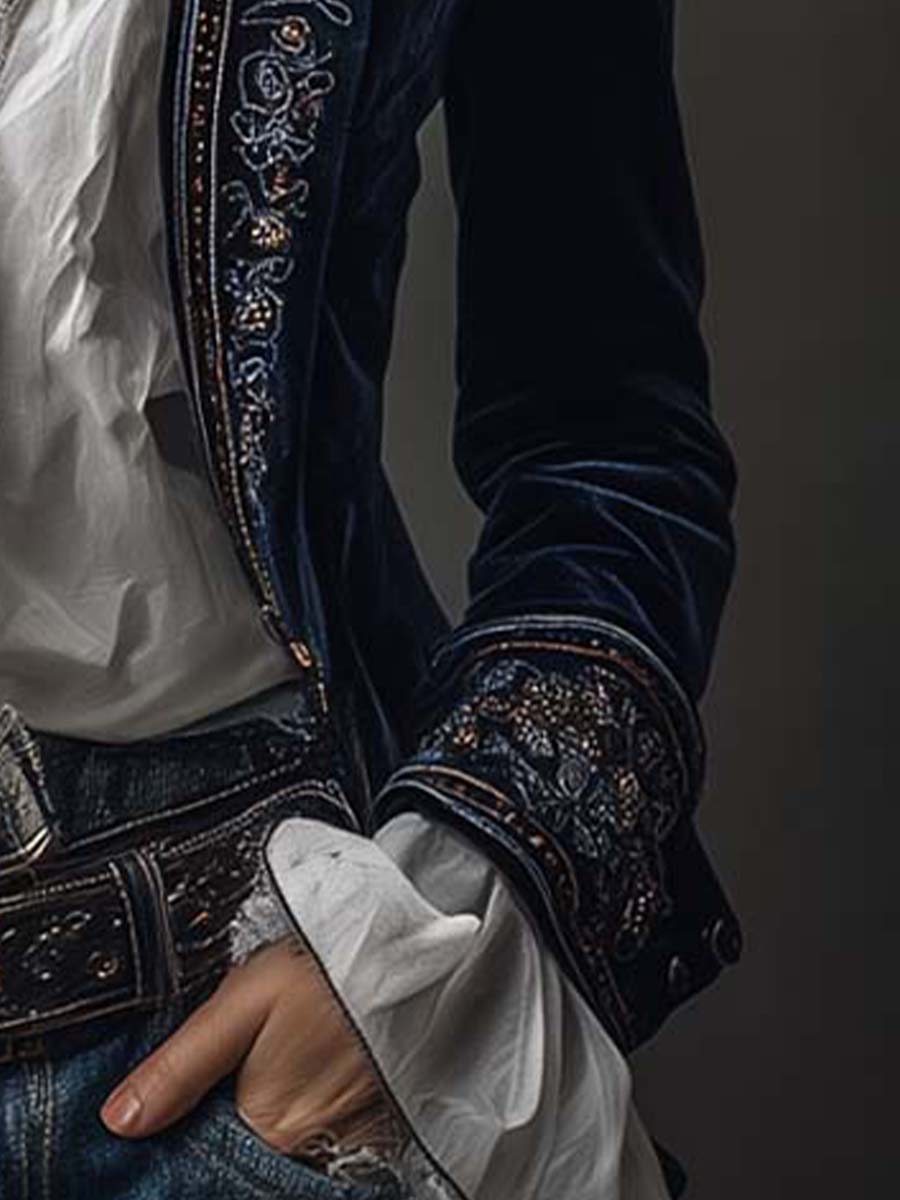 Athénaïs | Long Embroidered Vintage Navy Coat
