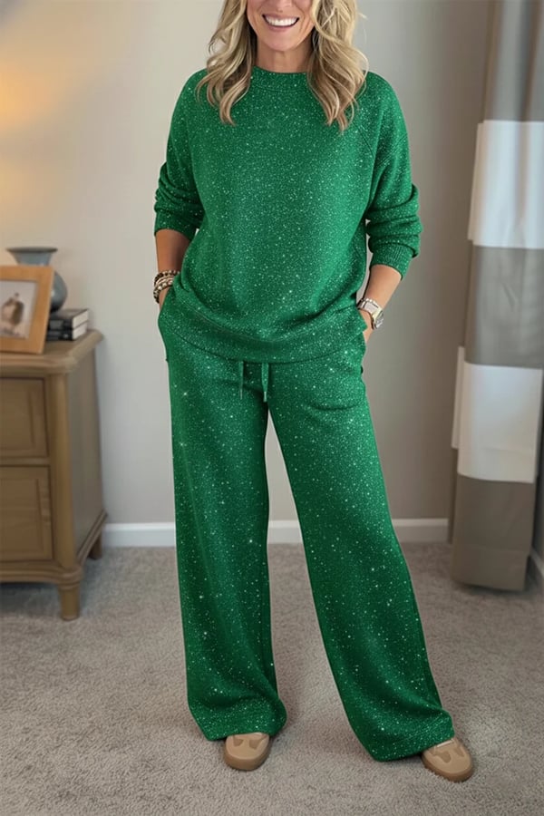 Women's Shiny Casual Set — Two-Piece Round-Neck Trouser Suit
