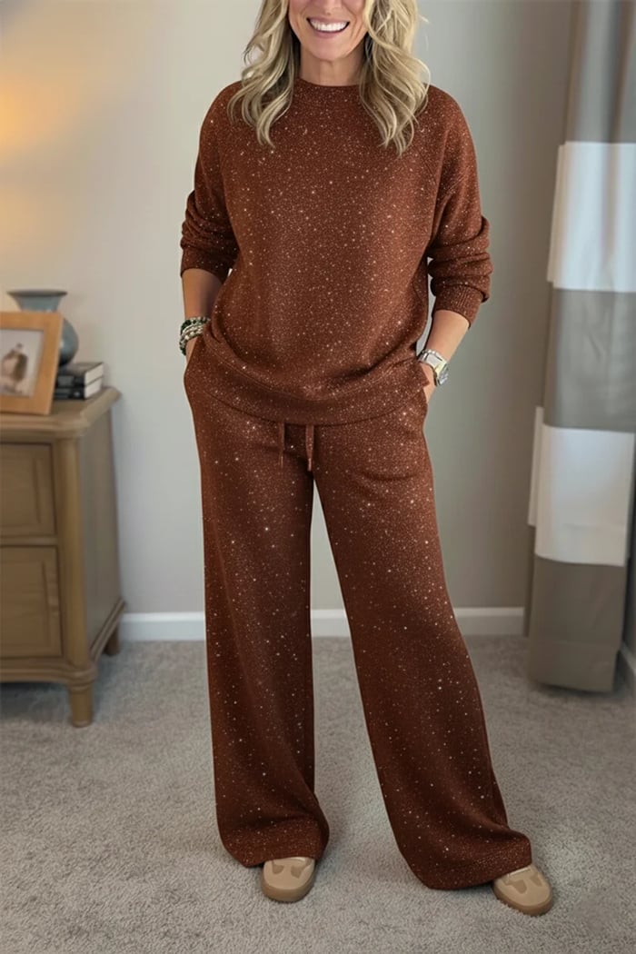 Women's Shiny Casual Set — Two-Piece Round-Neck Trouser Suit