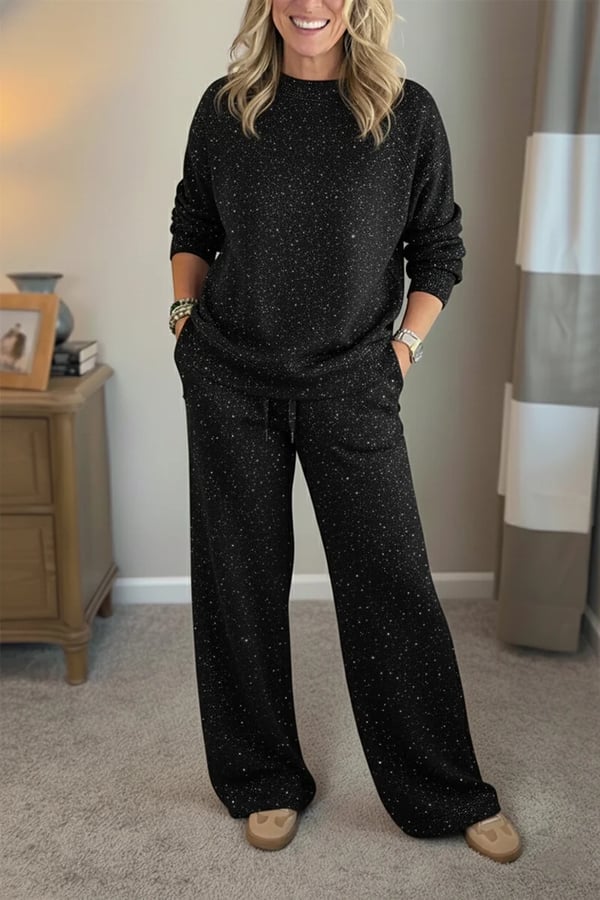 Women's Shiny Casual Set — Two-Piece Round-Neck Trouser Suit