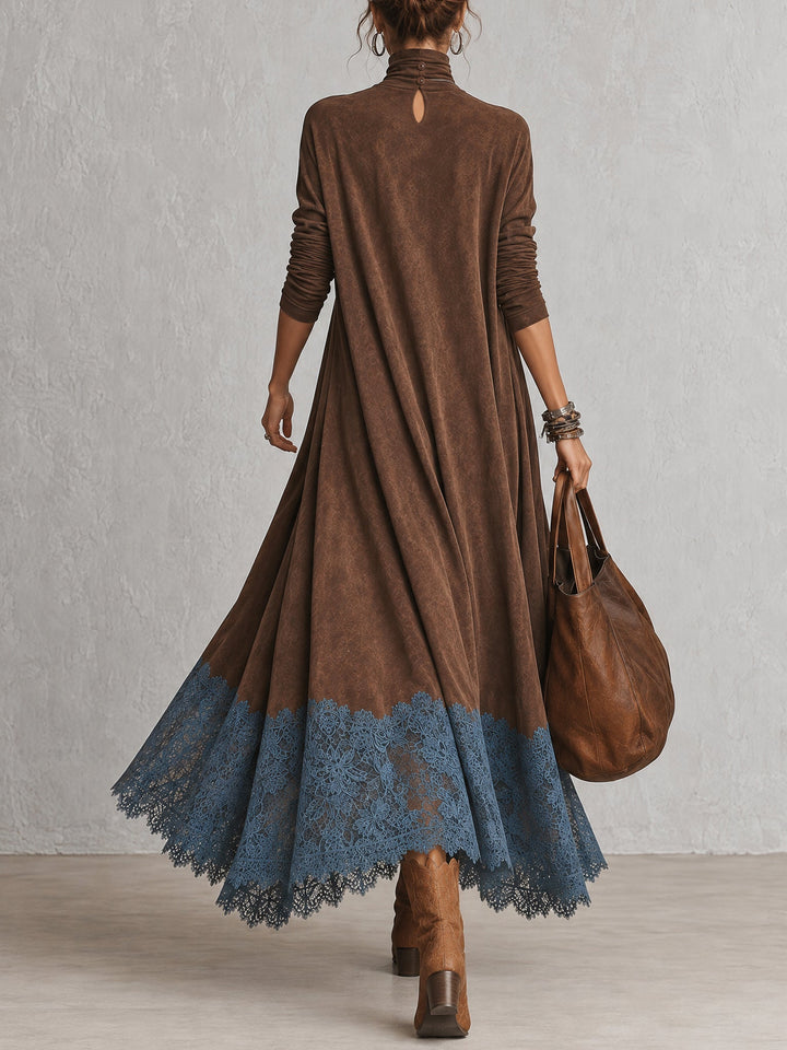 Paula | Long Suede-Effect Dress with Lace Hem