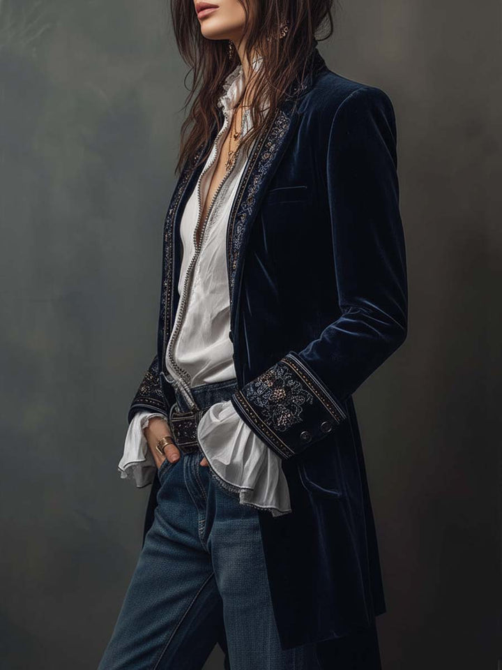 Athénaïs | Long Embroidered Vintage Navy Coat