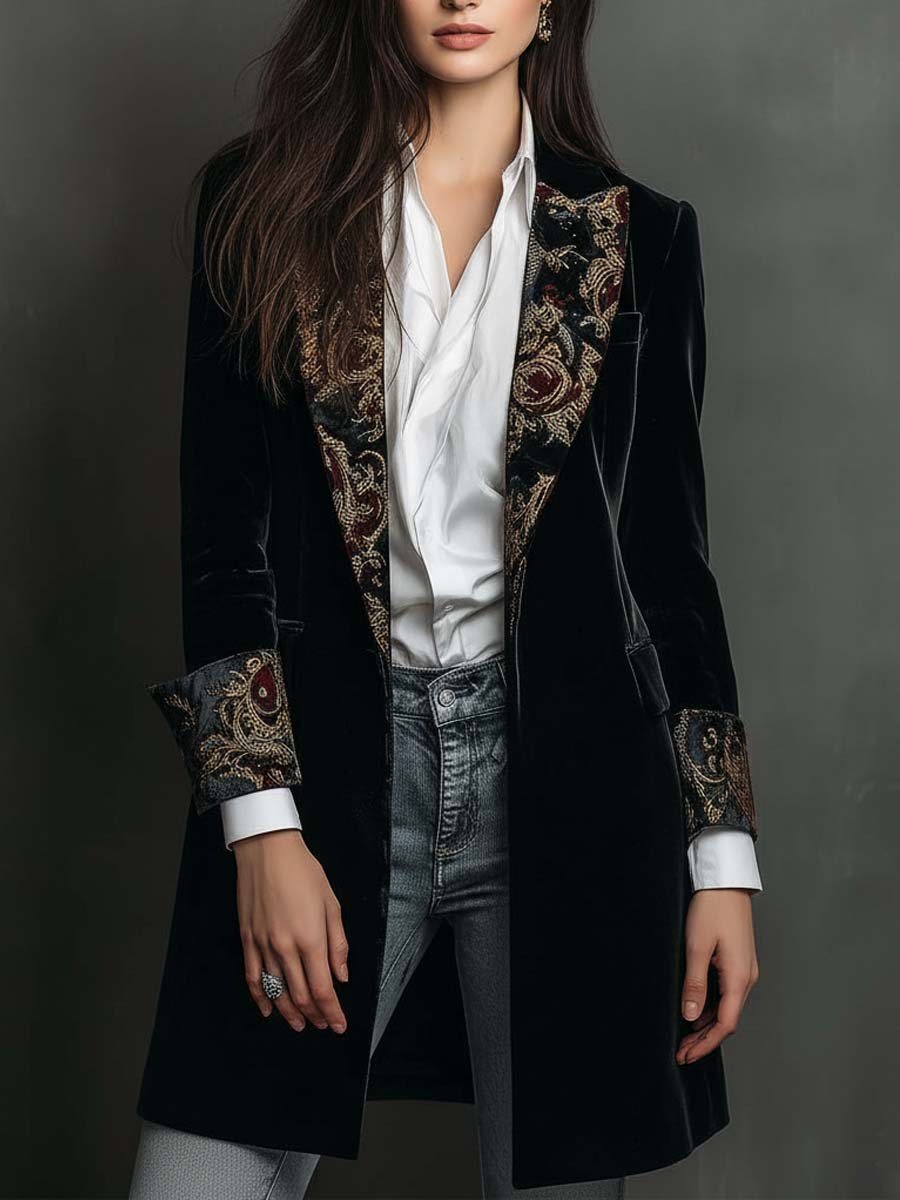 Léontine | Slim Fit Black Baroque Print Blazer