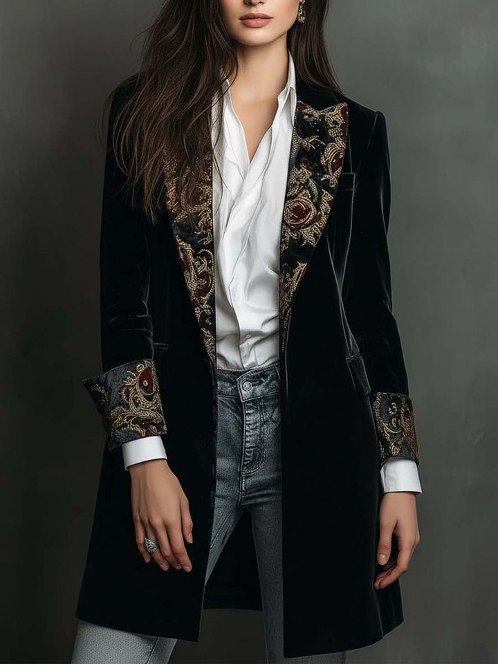 Léontine | Slim Fit Black Baroque Print Blazer