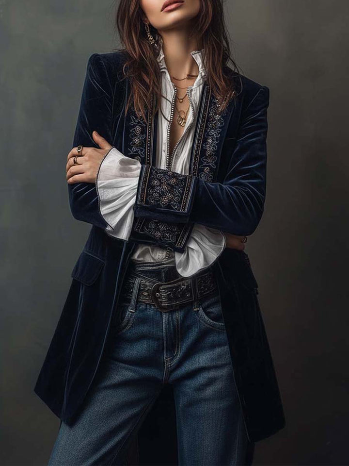 Athénaïs | Long Embroidered Vintage Navy Coat