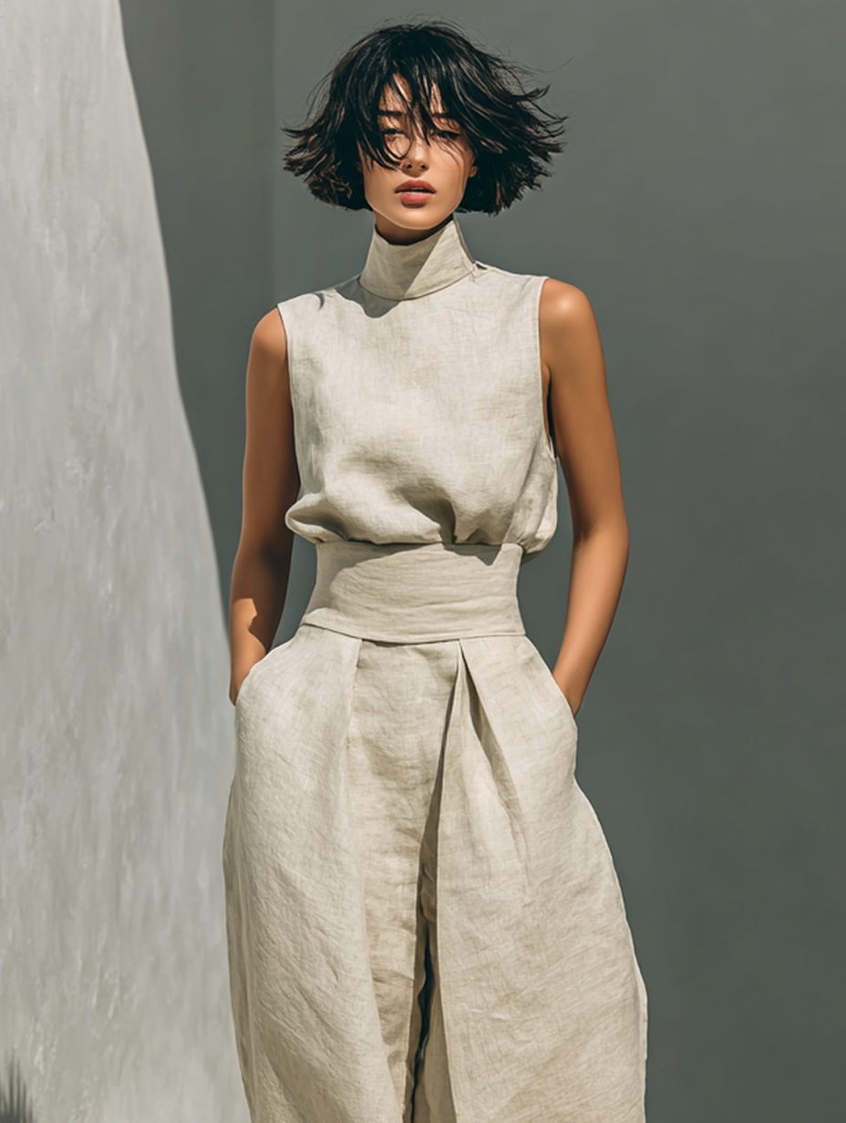 Women's Minimalist Cotton-Linen Sleeveless Blouse and Wide-Leg Trouser Set