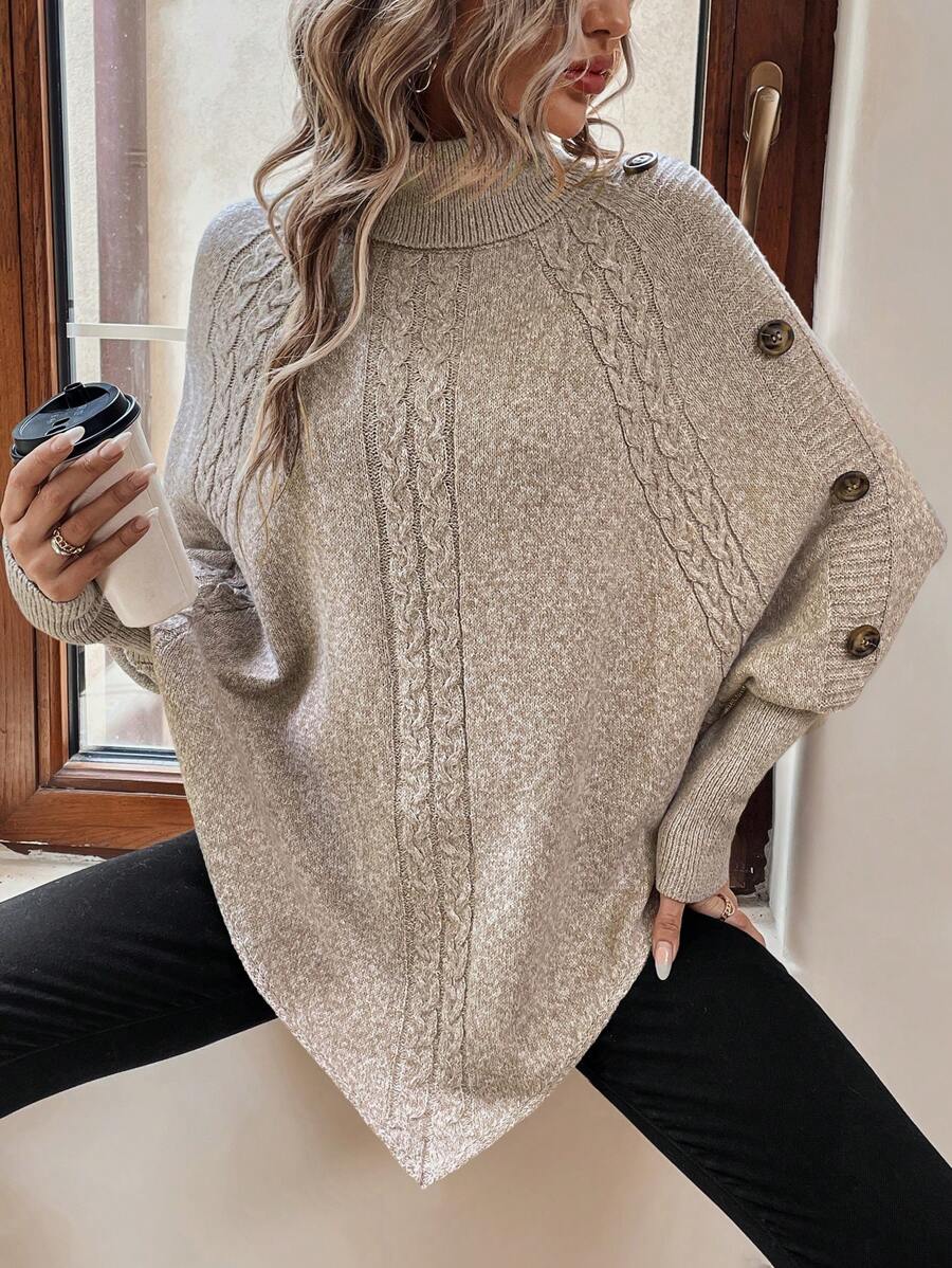 Alexis | High-Neck Batwing Poncho Jumper, Asymmetric Cable-Knit Pullover