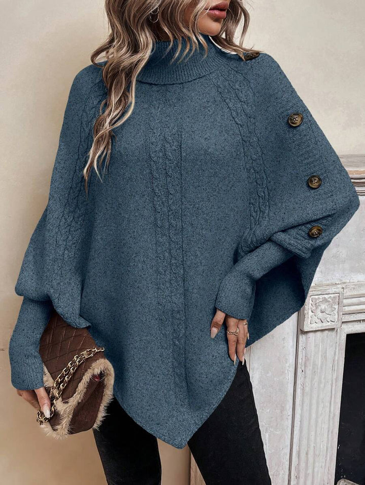Alexis | High-Neck Batwing Poncho Jumper, Asymmetric Cable-Knit Pullover