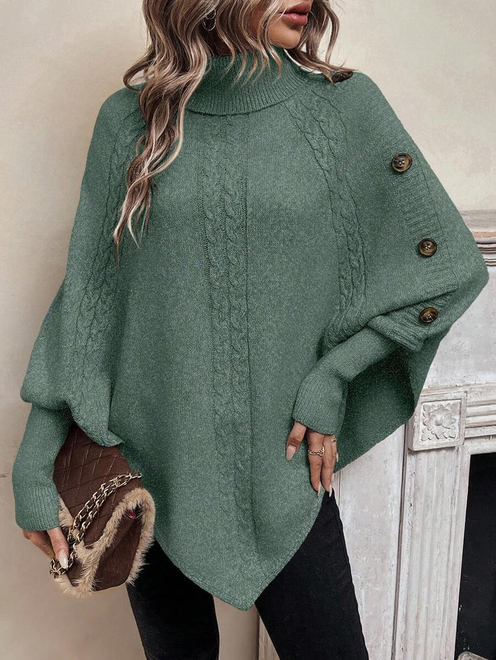 Alexis | High-Neck Batwing Poncho Jumper, Asymmetric Cable-Knit Pullover