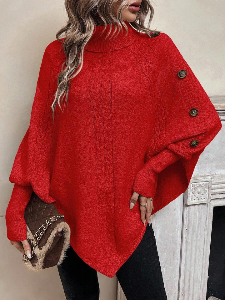 Alexis | High-Neck Batwing Poncho Jumper, Asymmetric Cable-Knit Pullover