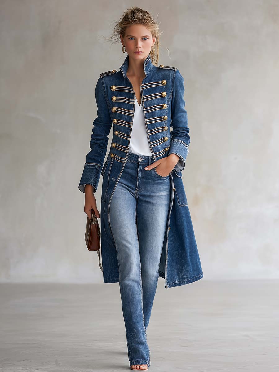 Hortense | Long Fitted Military-Style Denim Coat with Gold Buttons