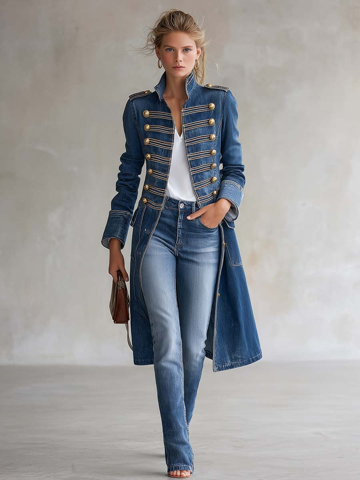 Hortense | Long Fitted Military-Style Denim Coat with Gold Buttons
