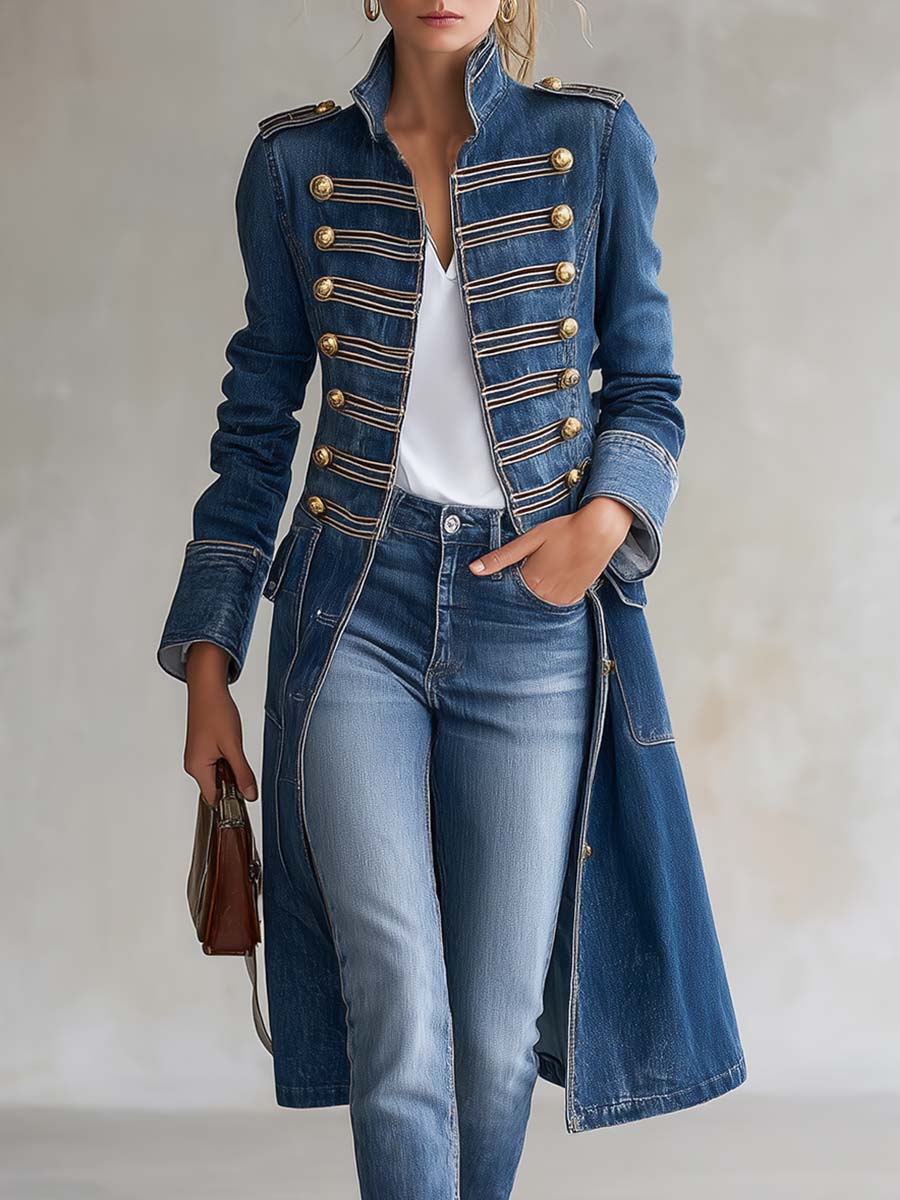 Hortense | Long Fitted Military-Style Denim Coat with Gold Buttons