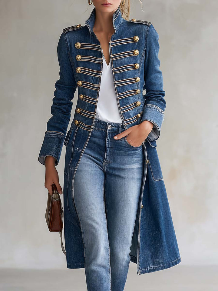 Hortense | Long Fitted Military-Style Denim Coat with Gold Buttons