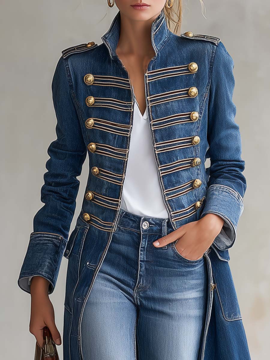 Hortense | Long Fitted Military-Style Denim Coat with Gold Buttons