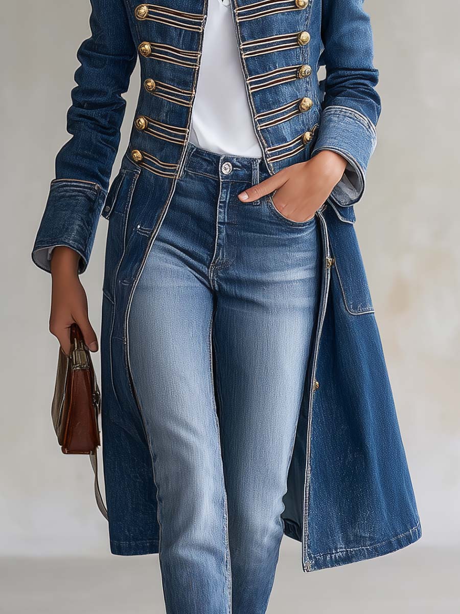 Hortense | Long Fitted Military-Style Denim Coat with Gold Buttons