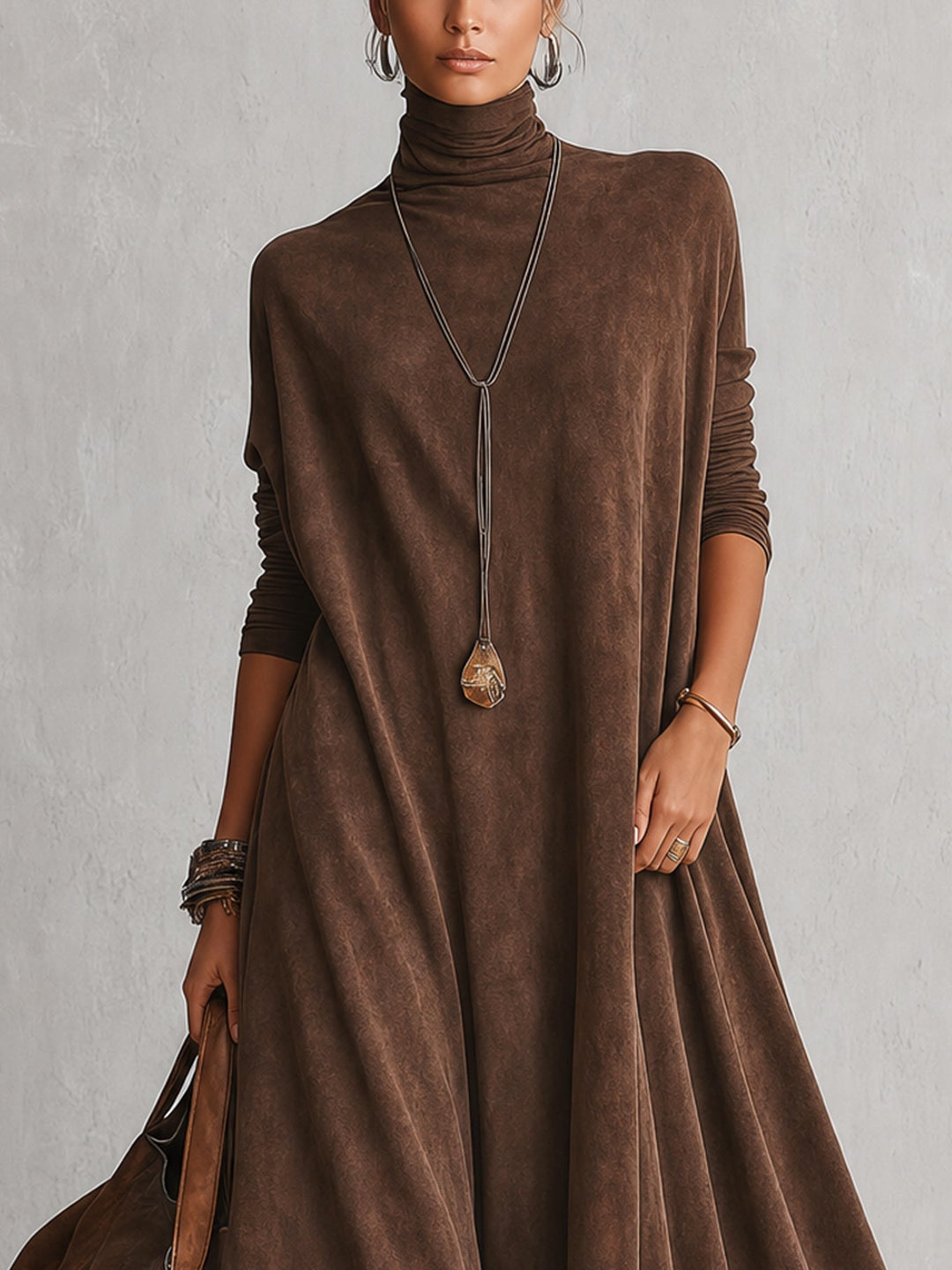 Paula | Long Suede-Effect Dress with Lace Hem