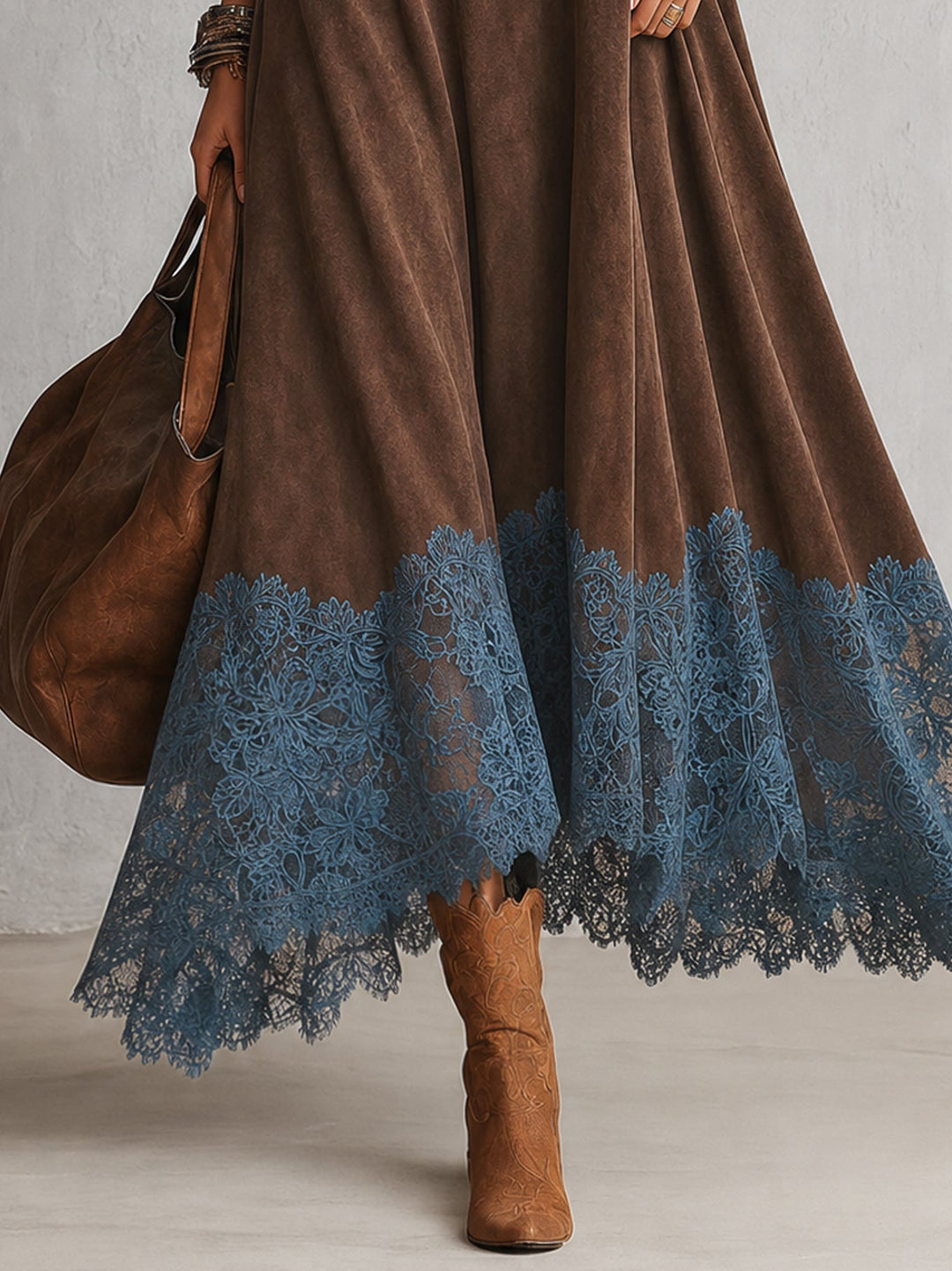 Paula | Long Suede-Effect Dress with Lace Hem