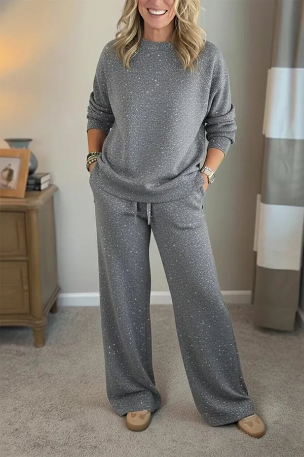Women's Shiny Casual Set — Two-Piece Round-Neck Trouser Suit