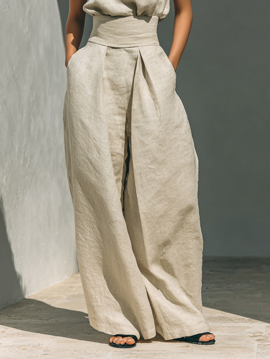 Women's Minimalist Cotton-Linen Sleeveless Blouse and Wide-Leg Trouser Set