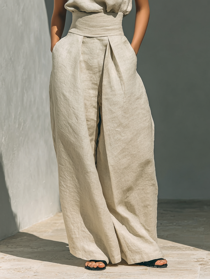 Women's Minimalist Cotton-Linen Sleeveless Blouse and Wide-Leg Trouser Set