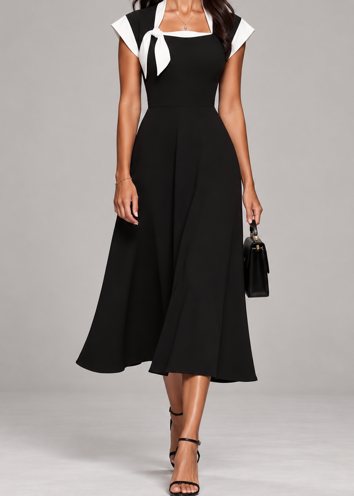 Ariane | Women's Square-Neck Midi Dress with Colour-Block Sleeves