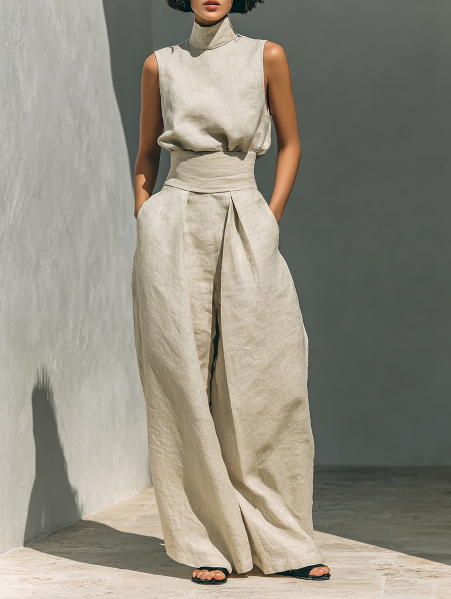 Women's Minimalist Cotton-Linen Sleeveless Blouse and Wide-Leg Trouser Set