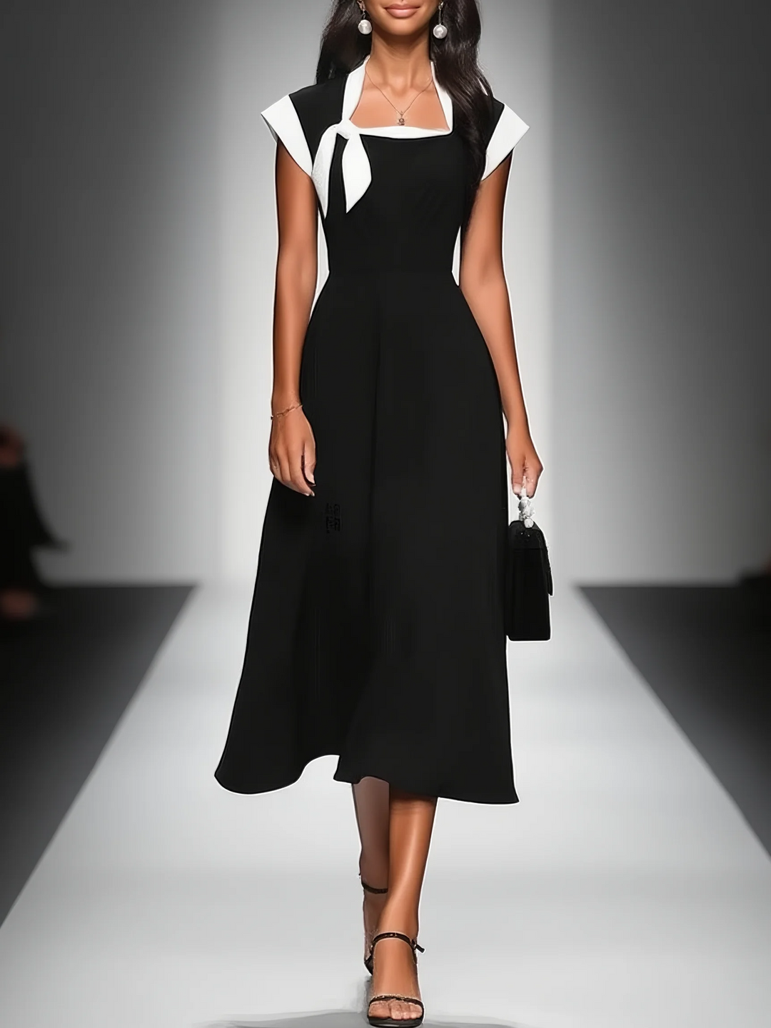 Ariane | Women's Square-Neck Midi Dress with Colour-Block Sleeves