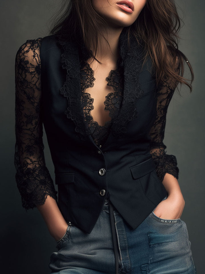 Noémie | Black High-Neck Blazer with Sheer Sleeves
