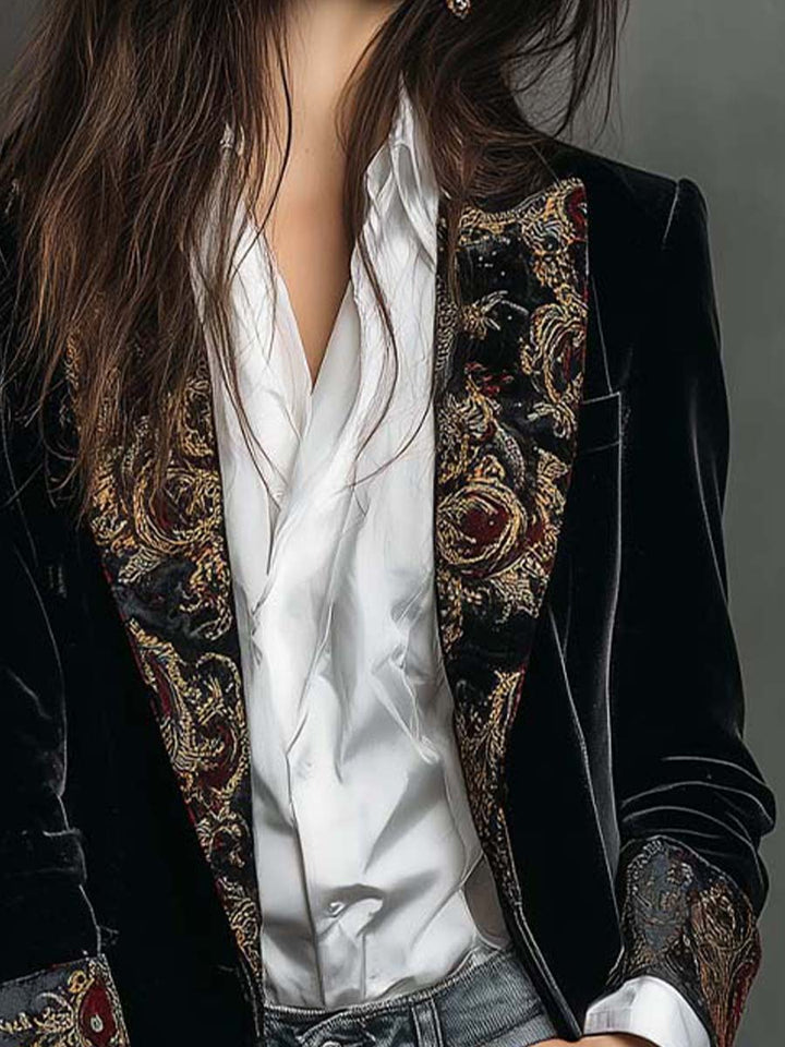 Léontine | Slim Fit Black Baroque Print Blazer