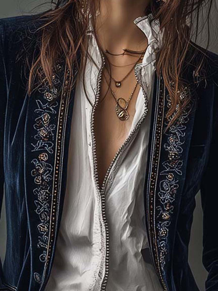 Athénaïs | Long Embroidered Vintage Navy Coat