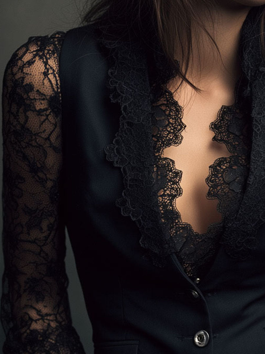 Noémie | Black High-Neck Blazer with Sheer Sleeves
