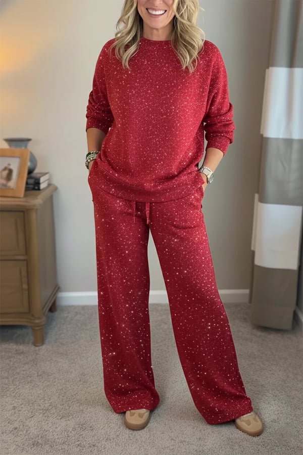 Women's Shiny Casual Set — Two-Piece Round-Neck Trouser Suit