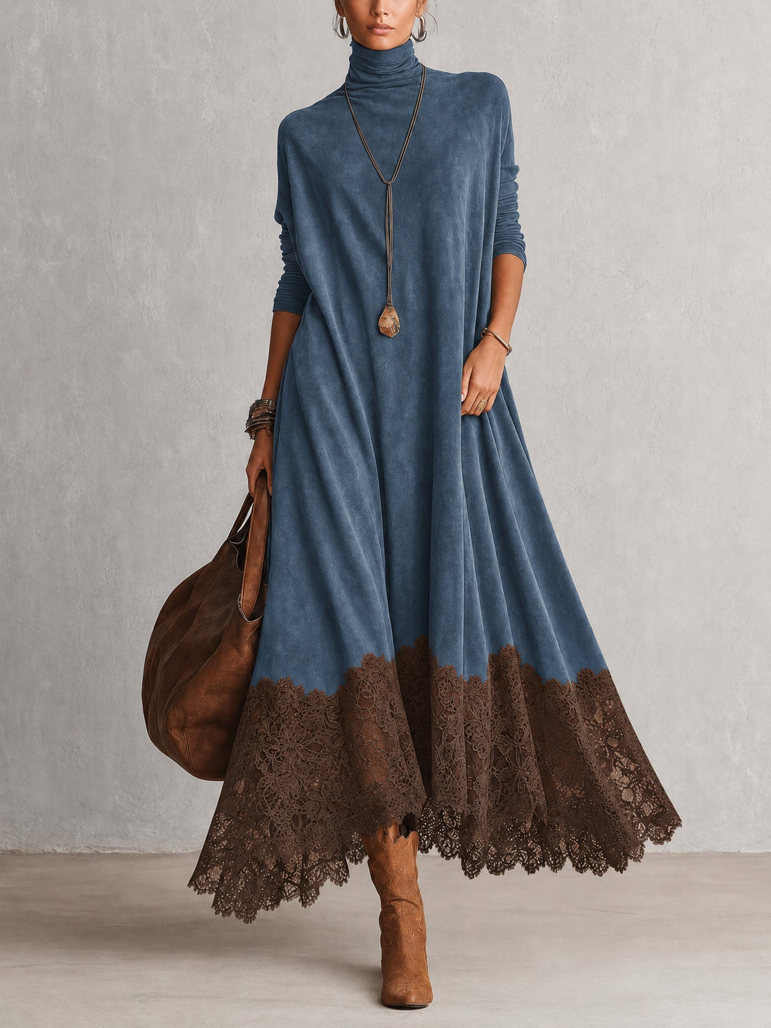 Petra | Long Suede-Effect Dress with Lace Hem