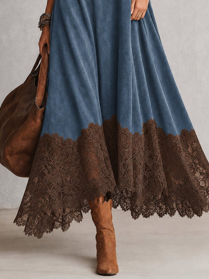 Petra | Long Suede-Effect Dress with Lace Hem