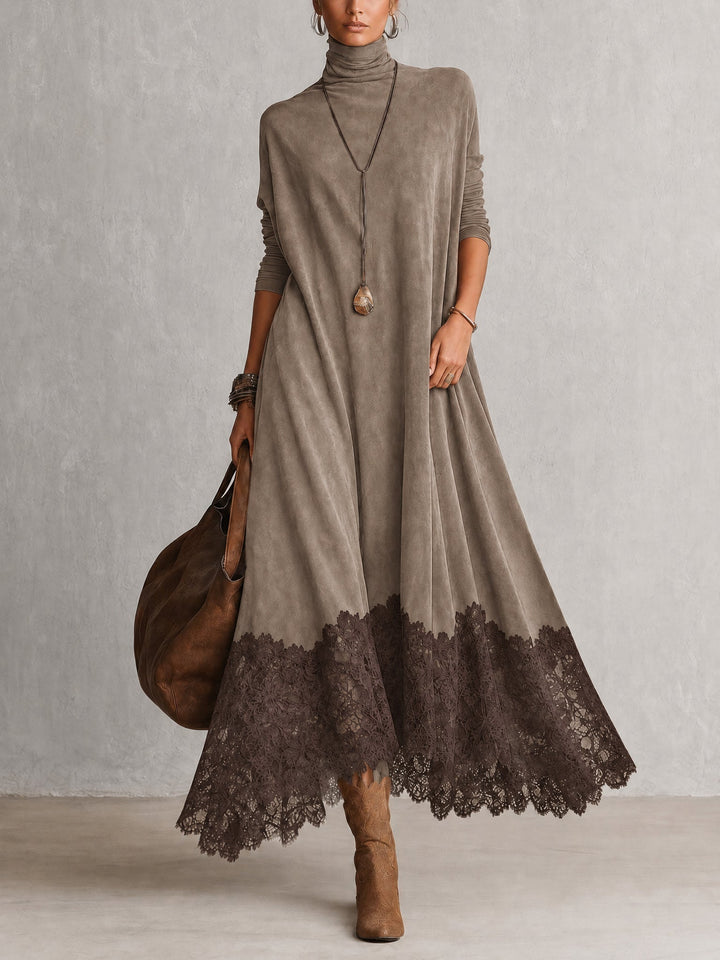 Pien | Long Suede-Effect Dress with Lace Hem