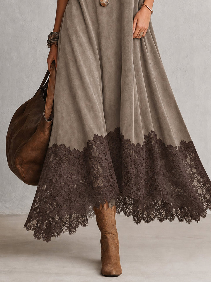Pien | Long Suede-Effect Dress with Lace Hem