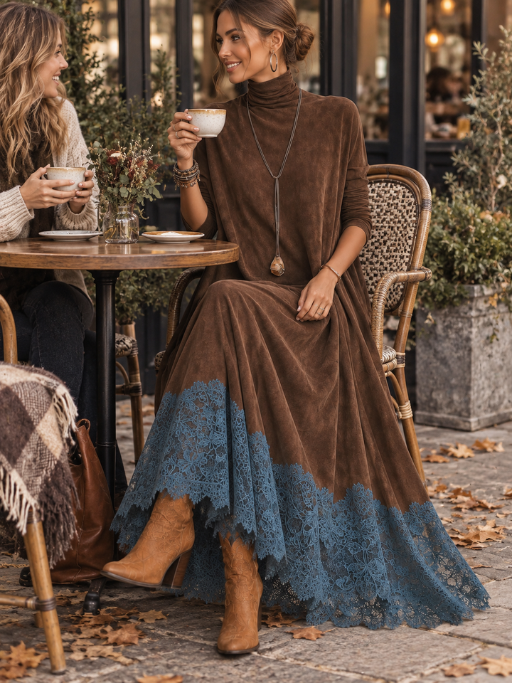 Paula | Long Suede-Effect Dress with Lace Hem