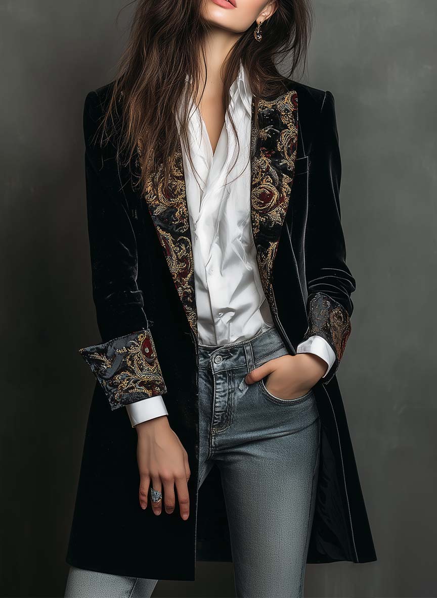 Léontine | Slim Fit Black Baroque Print Blazer