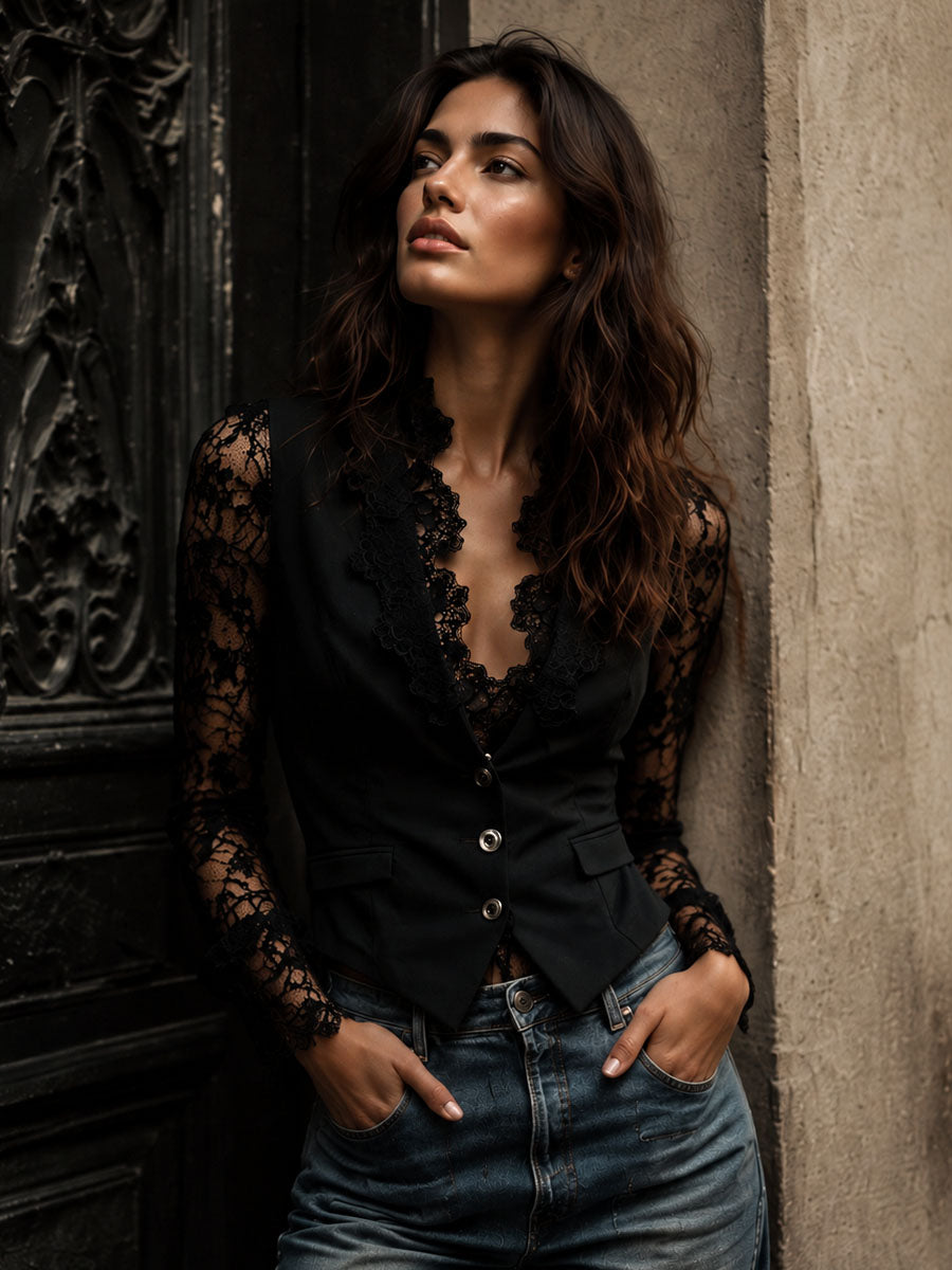 Noémie | Black High-Neck Blazer with Sheer Sleeves