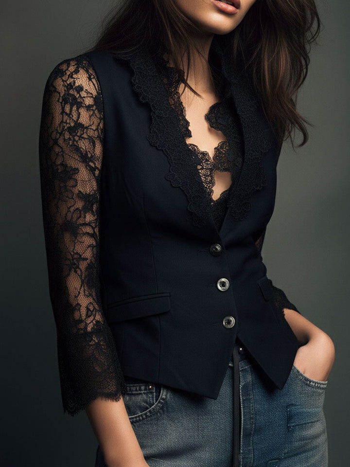 Noémie | Black High-Neck Blazer with Sheer Sleeves