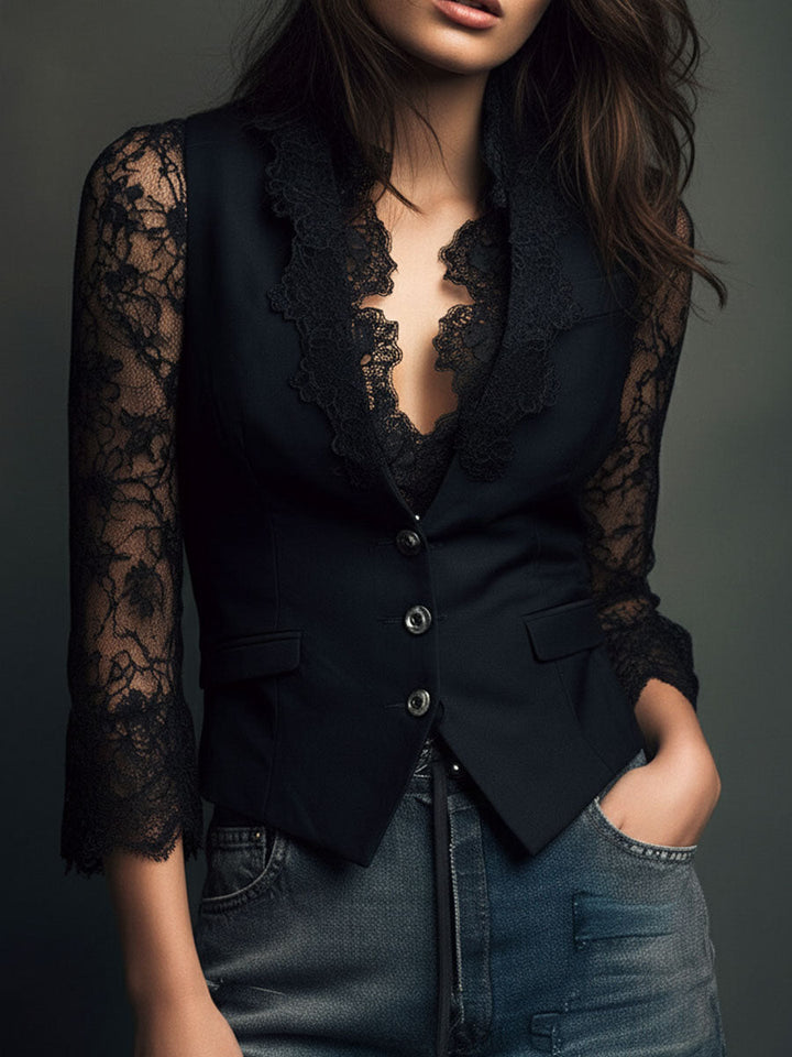 Noémie | Black High-Neck Blazer with Sheer Sleeves