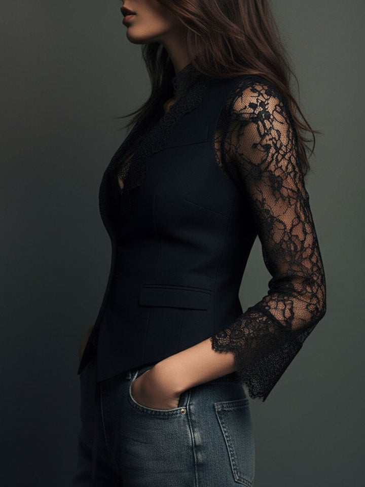 Noémie | Black High-Neck Blazer with Sheer Sleeves