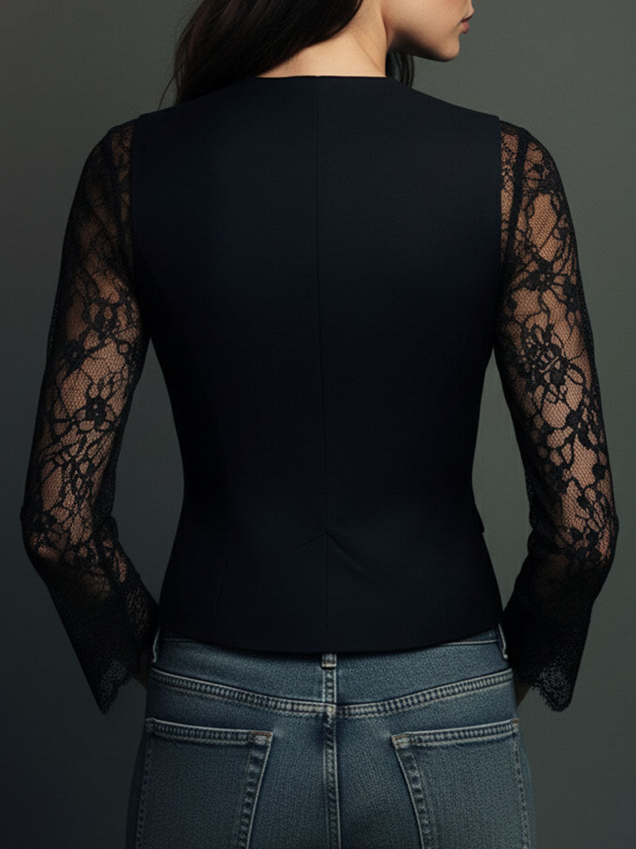Noémie | Black High-Neck Blazer with Sheer Sleeves