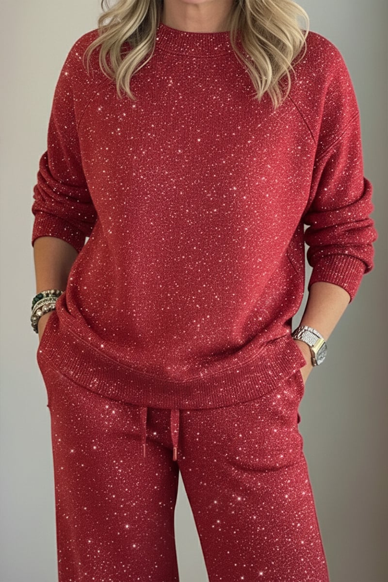 Women's Shiny Casual Set — Two-Piece Round-Neck Trouser Suit