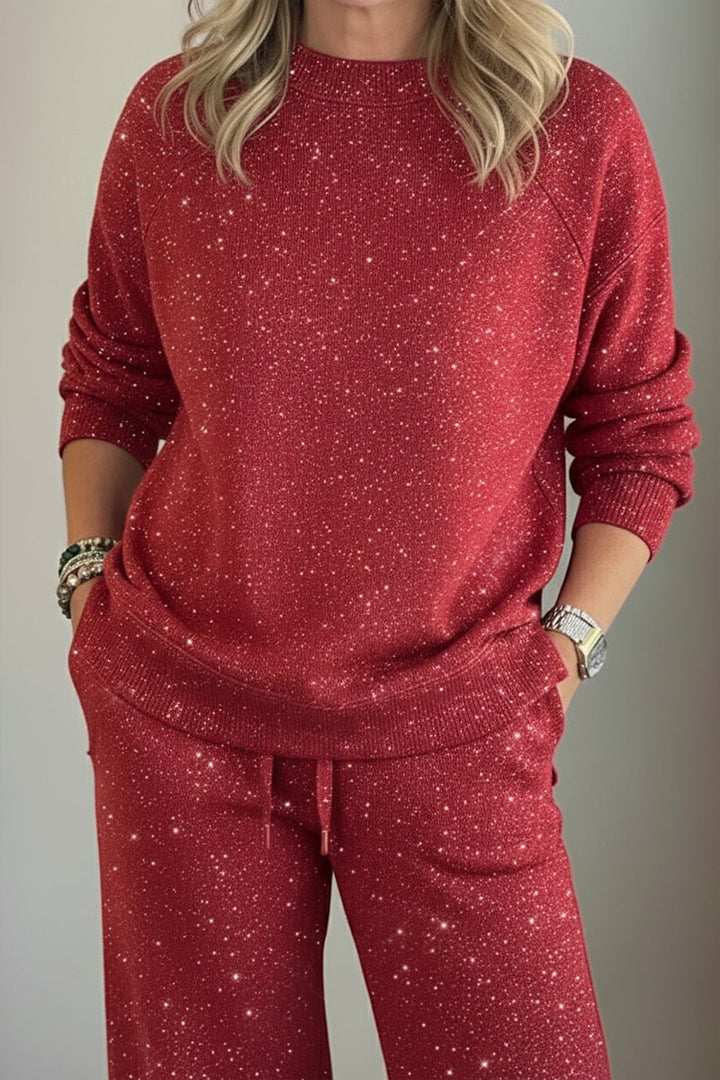 Women's Shiny Casual Set — Two-Piece Round-Neck Trouser Suit