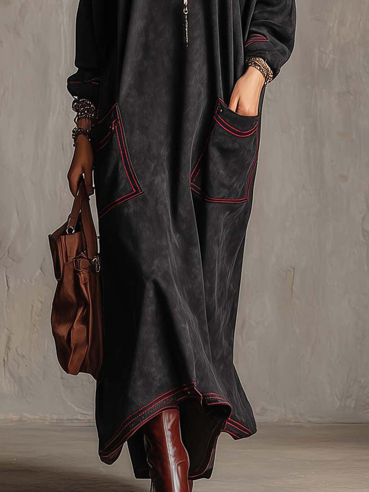 Marielle | Black Suede Maxi Dress with Contrast Red Stitching and Patch Pockets
