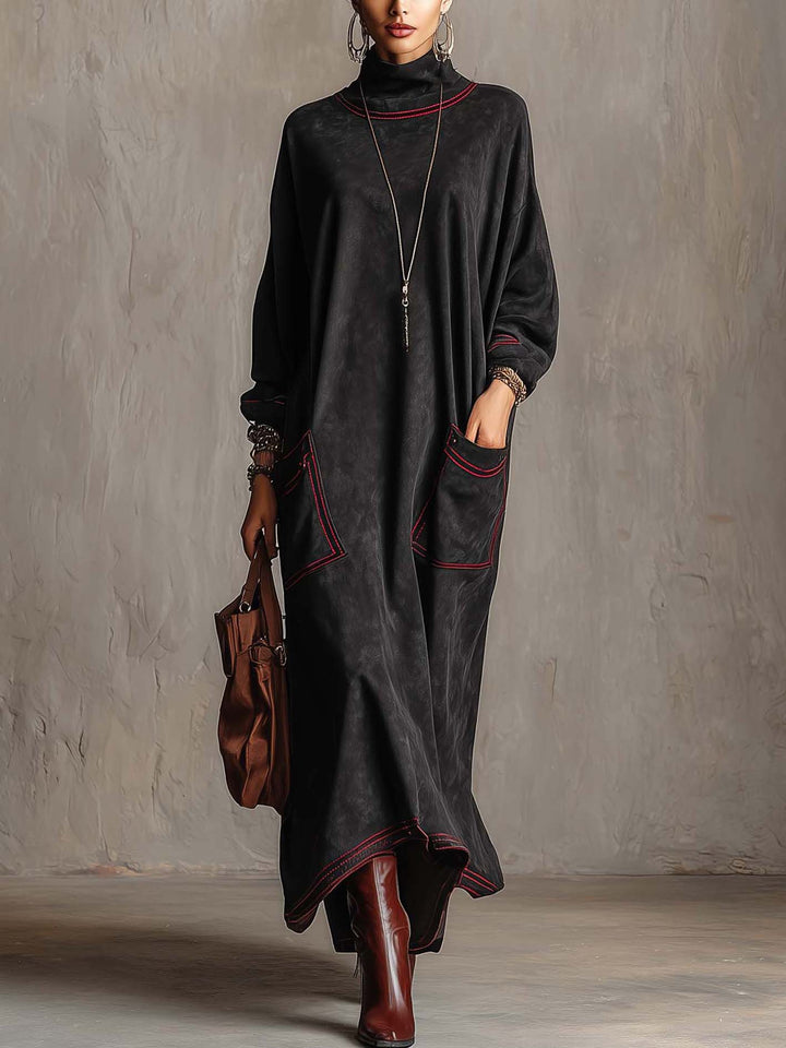 Marielle | Black Suede Maxi Dress with Contrast Red Stitching and Patch Pockets